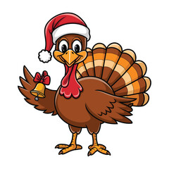 A cheerful cartoon turkey wearing a Santa hat and holding a jingle bell in one wing. The turkey has a big smile, bright eyes, and colorful tail feathers with shades of brown and orange.