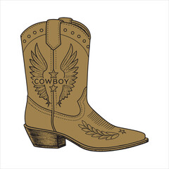 Western Cowboy Boot with Eagle Emblem – Black and White Line Art Vector for Tracing or Coloring

