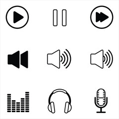 Nine Black Audio Media Icons on White Background Play Pause Fast Forward Volume Equalizer Headphones Microphone Vector Icons for Business, Web, UI/UX, and Design Projects