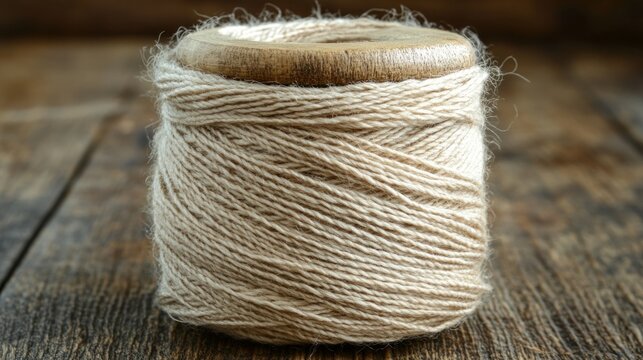 Beige thread spool on rustic wooden surface