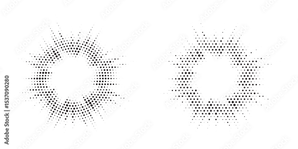 Poster Halftone circle frame background set. Round border Icon using halftone random circle. Grunge circular stain. Vector illustration.