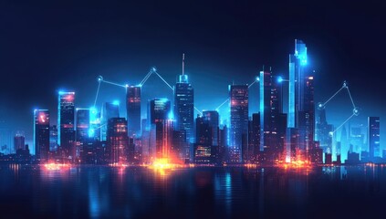 Futuristic cityscape at night, vibrant neon glow, illuminated buildings,  graphic data overlays