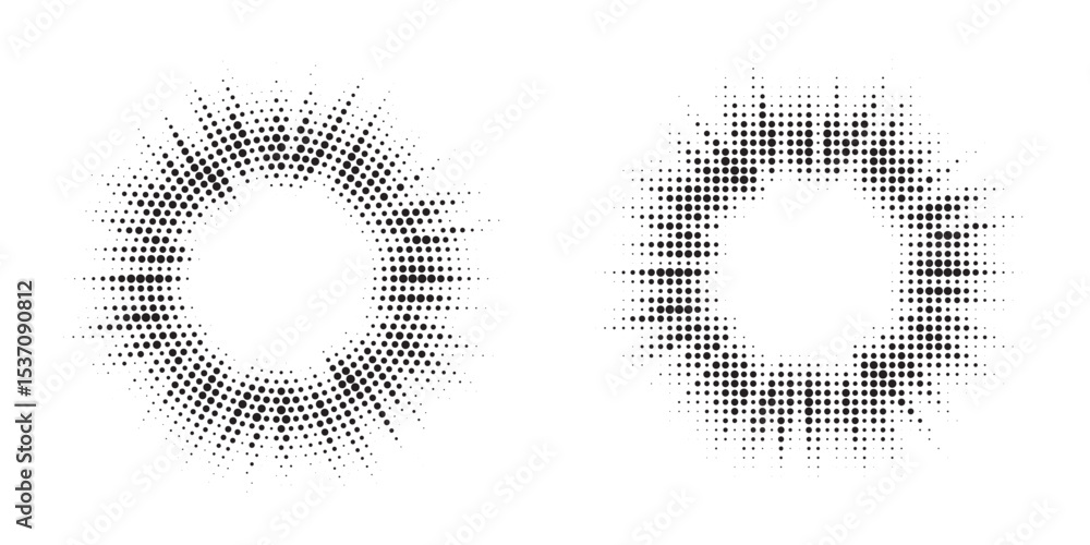 Aufkleber Halftone circle frame background set. Round border Icon using halftone random circle. Grunge circular stain. Vector illustration.