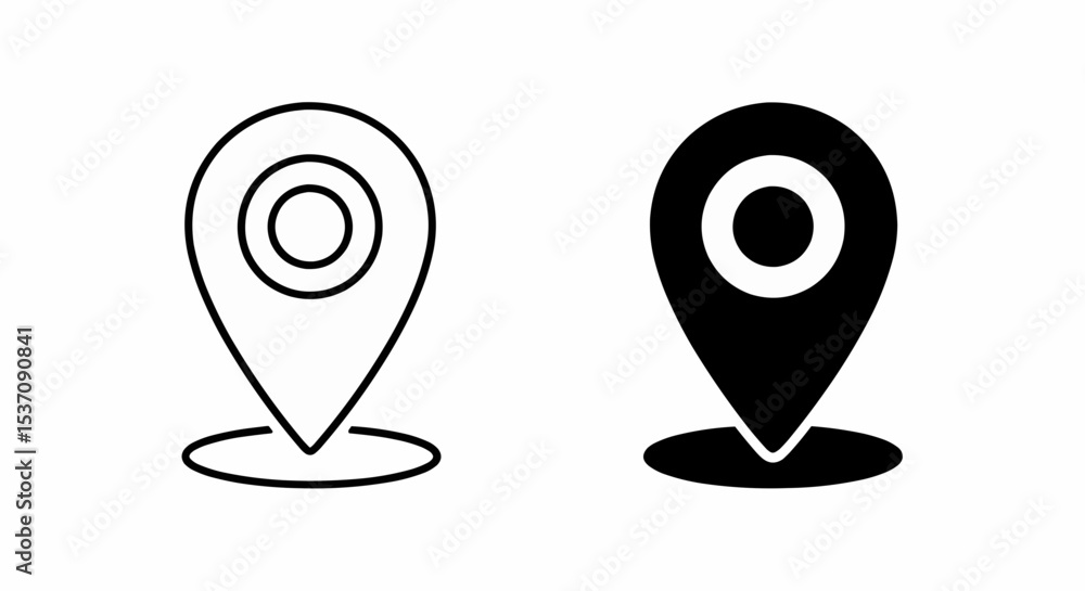 Poster this high-quality vector image features two black map marker icons: an outlined teardrop and a solid