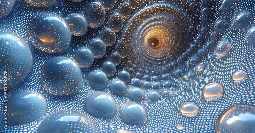 Poster intricate spiral pattern. bubbles, golden center, blue tones create mesmerizing abstract composition