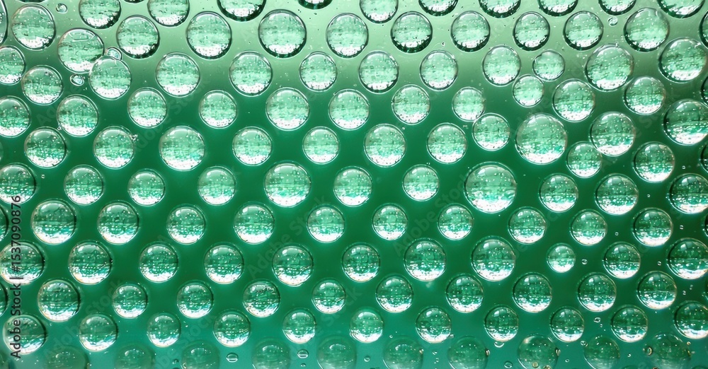 Poster green water droplets cover surface. bubbles create textured pattern, reflecting light. closeup view 