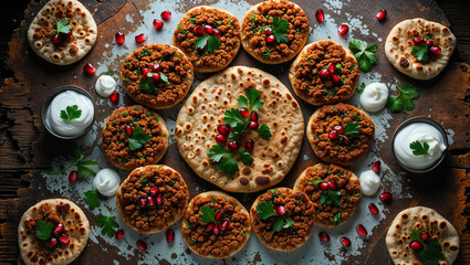 Delicious traditional food decorated with pomegranate and parsley on rustic table