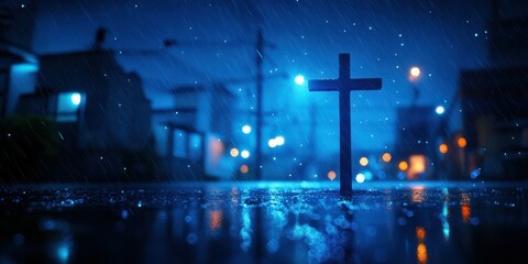 Rain falls on a cross illuminated by blue lights in an urban setting during a quiet evening