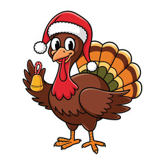 A cheerful cartoon turkey wearing a Santa hat and holding a jingle bell in one wing. The turkey has a big smile, bright eyes, and colorful tail feathers with shades of brown and orange.