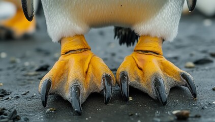 Naklejka premium Close-Up View of Penguin Feet Showing Sharp Claws and Textured Toes on Snowy Ground