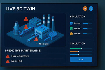 Live 3D twin, predictive maintenance, high temperature motor, fault simulation, input industrial, monitoring alert digital.
