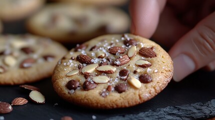 Hand holds a delicious almond chocolate chip cookie