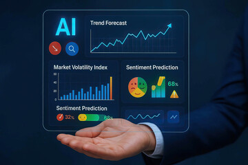 AI trend forecast, market volatility, sentiment prediction, data analysis, business technology, finance graph chart, AI trend forecast market, volatility sentiment prediction and data analysis.