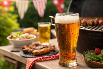 Beer in a chilled glass. Barbecue, BBQ, happy family. Socializing. Local beer. Craft beer. SUMMER EVENT
