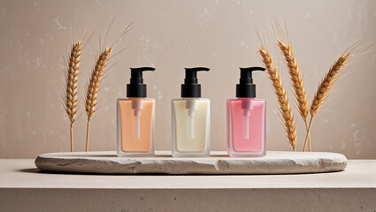 Wheat and cosmetic bottles resting on stone slab promoting natural beauty products