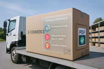 E commerce delivery, cardboard box, truck shipping logistics, outdoor packaging, dashboard technology, digital transportation, supply business, cargo freight, document pdf date location check modern.