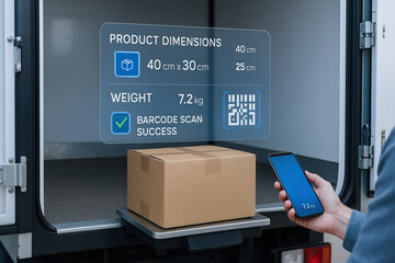 Cardboard box, barcode product dimension weight, delivery shipping, logistics and technology are shown in modern delivery truck with person using smartphone for tracking and scanning.