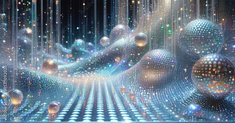 Poster abstract digital landscape. spheres float within glowing tunnels, creating futuristic, vibrant scene