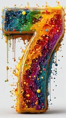 Colorful number seven made of vibrant splashes and droplets displayed against a light background