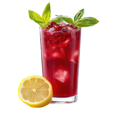 Crimson Elixir: A refreshing, jewel-toned drink, garnished with basil and lemon, promising an invigorating and visually appealing experience, a perfect sip