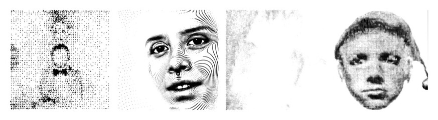 Vector Four halftone portrait illustrations of diverse individuals.