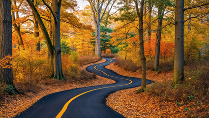 Fototapeta premium Winding road through vibrant autumn forest with colorful foliage