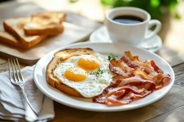 Homemade American breakfast. Fried eggs with bacon and toast, a cup of coffee and a fork on a wooden table. Healthy breakfast. The concept of healthy eating. Morning Sunlight