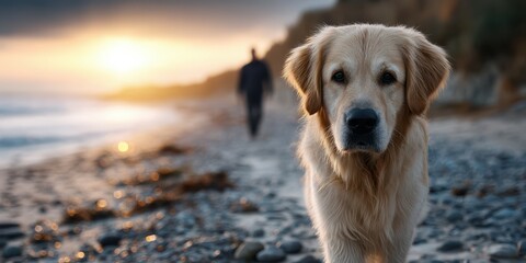 Golden retriever walking along a rocky beach at sunset with a person in the background