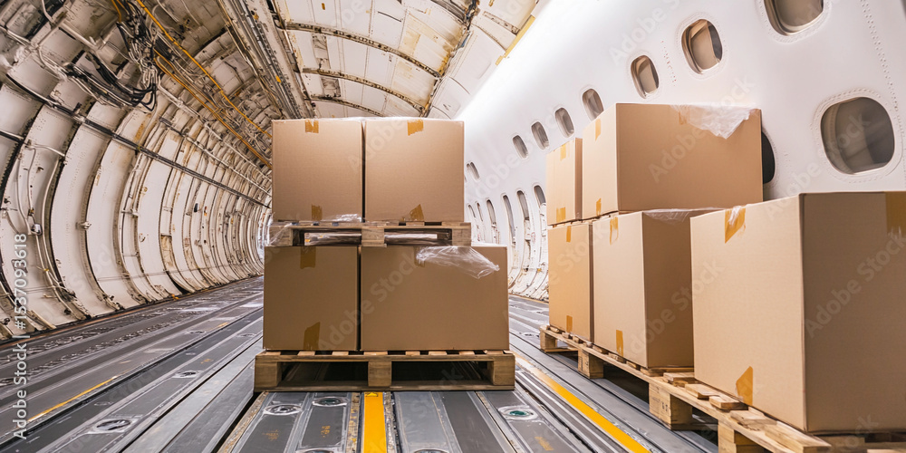 Poster high-quality pallets of boxes stored in aircraft cargo bay generative ai