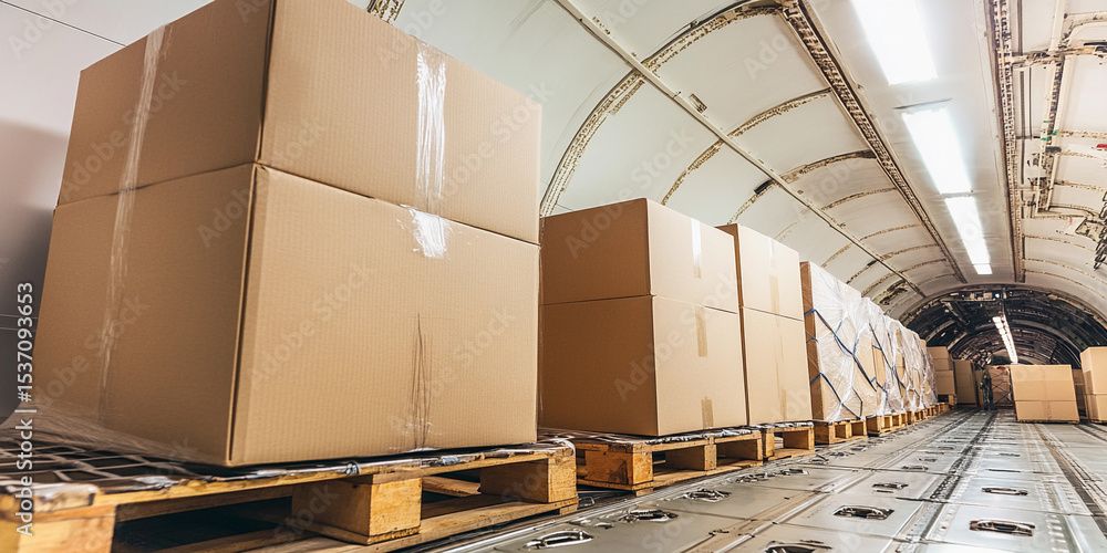 Aufkleber Stacked boxes on pallets in cargo hold of aircraft Generative AI
