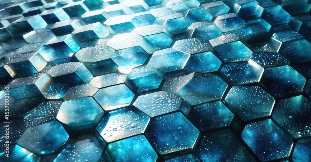 Poster hexagonal pattern dominates image. blue tones, cosmic textures, light reflections create futuristic 