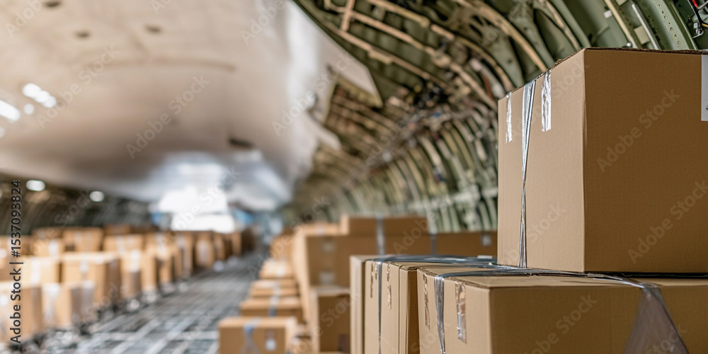 Poster cargo boxes lined up in aircraft ready for transport generative ai