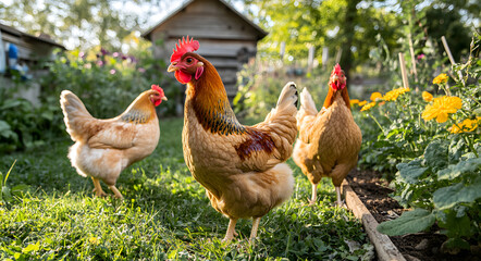Fototapeta premium Chickens in backyard garden near chicken coop on sunny day