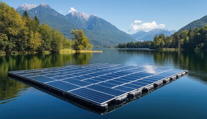 Floating solar panels on a tranquil lake, nestled amongst lush greenery and majestic mountains