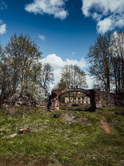 Ancient ruins in a field abandoned from red brick