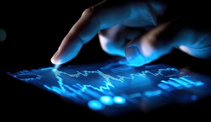 Hand interacting with a glowing financial chart on a tablet