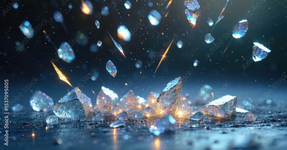 Poster ice shattering. fragments fly upwards with bright sparks. dark background emphasizes crystalline des