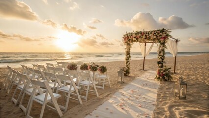 Obraz premium Wideangle photograph beach wedding ceremony setup golden hour white wooden chairs arranged sand decorative floral arch warm sunlight romantic atmosphere ocean waves