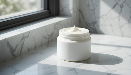 Skincare Cream Jar on White Marble Counter Free Mockup in high resolution 