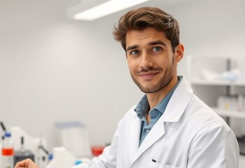 Male scientist in a lab coat, looking inquisitive and curious