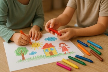 Children drawing colorful house.