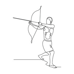 Continuous line drawing of male archery sport athlete or hunter holding archer arrow. Editable stroke sketch art vector illustration