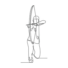Continuous line drawing of male archery sport athlete or hunter holding archer arrow. Editable stroke sketch art vector illustration
