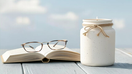 A white candle jar with the top tied, next to an open book and reading glasses on a wooden table, against a sky background, close-up shot