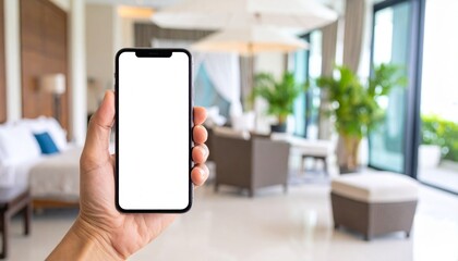 Hand Holding Smartphone with Blank Screen in Hotel Waiting Lobby