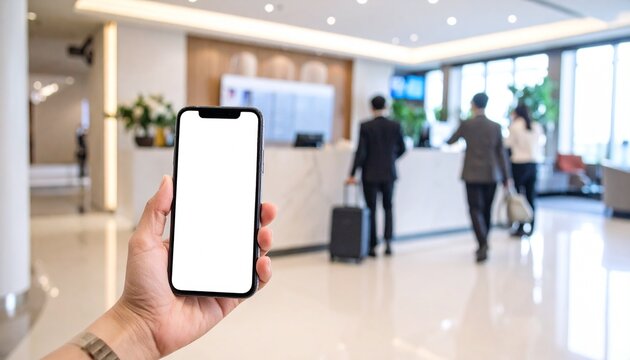 Smartphone with Blank Screen at Hotel Reception Desk - Powered by Adobe