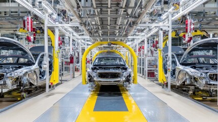 Naklejka premium Highly organized automotive assembly line with partially assembled cars, robotic arms, and industrial infrastructure in a modern, efficient manufacturing facility.