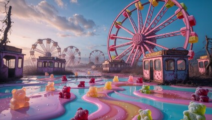Gummy Bear Paradise: A Whimsical Amusement Park with Colorful Candy and Ferris Wheels