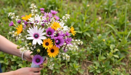 Obraz premium Colorful Wildflower Bouquet Held Outdoors with Green Grass Background in Spring