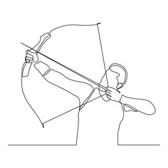 Continuous line drawing of male archery sport athlete or hunter holding archer arrow. Editable stroke sketch art vector illustration